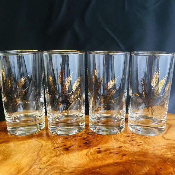 4 MID CENTURY Vintage Libbey Wheat Pattern Juice OR HIGHBALL GLASSES 4" 24k Gold - Picture 1 of 6